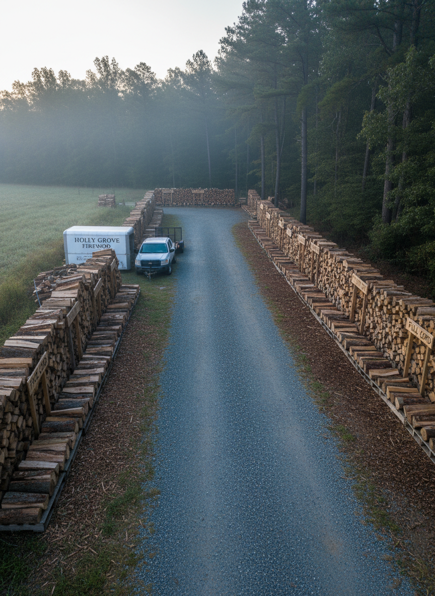 A wide, panoramic shot of a rural Virginia woods edge at dawn, with orderly rows of split firewood stacked on sturdy pallets along a gravel lane leading to a small, tidy processing yard. Multiple stacks are clearly separated and labeled by size visually, showing shorter face cord rows beside taller, deeper full cords, all with clean, even ends. A compact white delivery truck and a low trailer are parked nearby, ready for local routes around Holly Grove. Cool early-morning light with a hint of mist creates a quiet, professional atmosphere, while subtle golden highlights along the log faces hint at the coming day. Photographic realism, with crisp detail and a balanced, businesslike composition suitable for a services overview section.