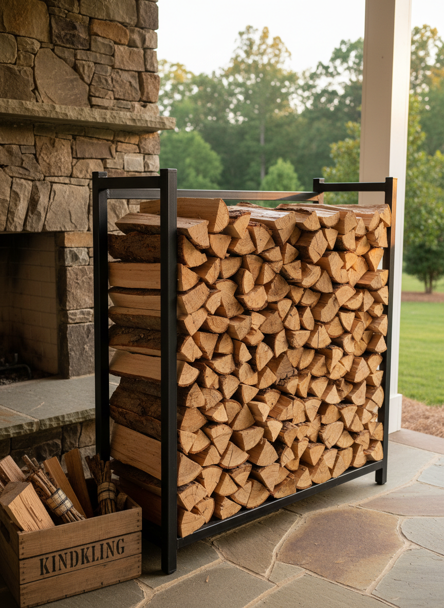 A close-up, photographic view of a worker’s heavy-duty steel stacking rack placed beside a stone fireplace on a covered back porch, filled with freshly delivered split hardwood. The logs are stacked in a careful crisscross pattern, showcasing clean cut ends and varied bark textures, with kindling neatly arranged in a small crate nearby. The background reveals a manicured backyard and distant tree line typical of Holly Grove, Virginia, softly blurred for depth. Late-afternoon golden hour light streams in from the side, creating warm highlights on the wood and subtle shadows on the flagstone floor. The composition, shot at a slightly downward angle, communicates the convenience of optional stacking services and the comforting readiness of a well-stocked home wood supply.