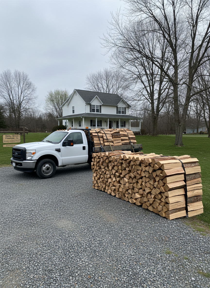 A clean, white flatbed delivery truck with a neatly loaded pile of split firewood secured by heavy-duty straps sits in a gravel driveway in front of a modest country home near Holly Grove, Virginia. The wood on the truck is carefully arranged in a precise face cord, clearly separated from an adjacent full cord stack on the ground, both showing squared-off ends and consistent lengths. Overcast daylight creates soft, even lighting with minimal harsh shadows, emphasizing clarity and detail. Shot from a three-quarter angle, the photographic composition balances the truck, the organized stacks, and the surrounding yard, conveying dependable local delivery, professionalism, and accurate measuring for face and full cord pricing.